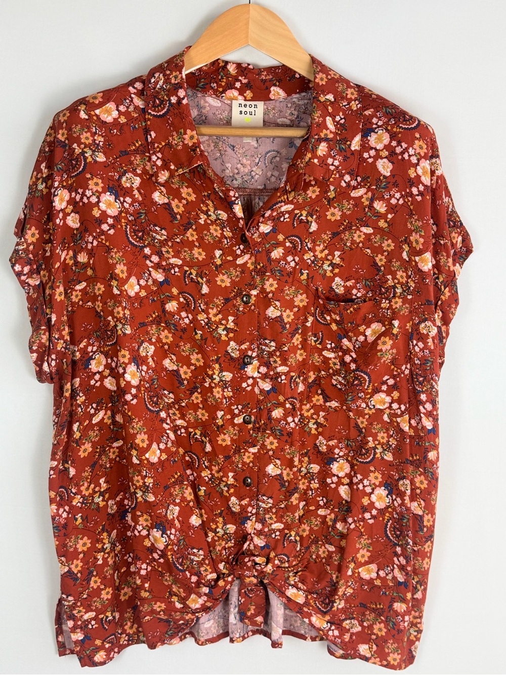 Neon Soul Floral Tie Front Button Up Blouse Rust Rayon Plus Size 1X Boho